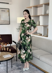 Đầm hoa form dài, cổ đính ngọc đính nút, tay phồng - GR0312