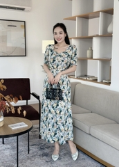 Đầm hoa form dài, cổ đính ngọc đính nút, tay phồng - GR0312