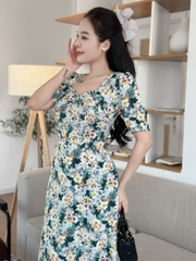 Đầm hoa form dài, cổ đính ngọc đính nút, tay phồng - GR0312