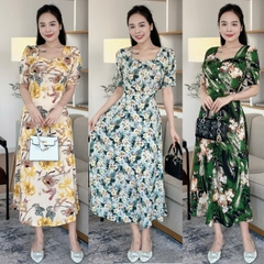 Đầm hoa form dài, cổ đính ngọc đính nút, tay phồng - GR0312