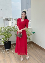 Đầm maxi form dài xếp ly 2 bên ngực, kèm phụ kiện nơ rời, tay phồng - GR0313
