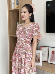 Đầm xòe hoa nhí cổ vuông xếp eo, tay phồng, CÓ TÚI - GR0314
