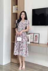 Đầm xòe hoa nhí cổ vuông xếp eo, tay phồng, CÓ TÚI - GR0314
