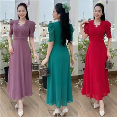 Đầm maxi form dài xếp ly 2 bên ngực, kèm phụ kiện nơ rời, tay phồng - GR0313