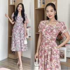 Đầm xòe hoa nhí cổ vuông xếp eo, tay phồng, CÓ TÚI - GR0314