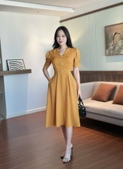 Đầm xòe cổ bẻ, đính nút, tay phồng, có túi - GR0315