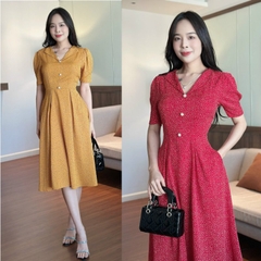 Đầm xòe cổ bẻ, đính nút, tay phồng, có túi - GR0315