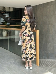 Đầm maxi form dài họa tiết, đính nút, phối ren, tay phồng - GR0317