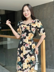 Đầm maxi form dài họa tiết, đính nút, phối ren, tay phồng - GR0317