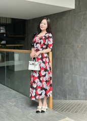 Đầm maxi form dài họa tiết, đính nút, phối ren, tay phồng - GR0317