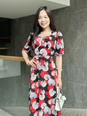 Đầm maxi form dài họa tiết, đính nút, phối ren, tay phồng - GR0317