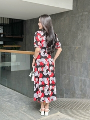 Đầm maxi form dài họa tiết, đính nút, phối ren, tay phồng - GR0317