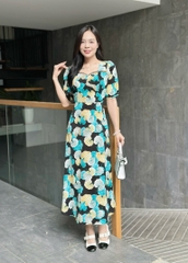 Đầm maxi form dài họa tiết, đính nút, phối ren, tay phồng - GR0317