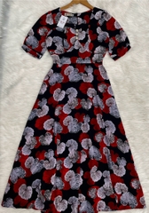 Đầm maxi form dài họa tiết, đính nút, phối ren, tay phồng - GR0317