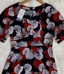 Đầm maxi form dài họa tiết, đính nút, phối ren, tay phồng - GR0317