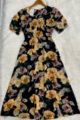 Đầm maxi form dài họa tiết, đính nút, phối ren, tay phồng - GR0317