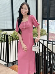 Đầm maxi form dài, cổ vuông đính ngọc, tay lồng đèn - GR0318