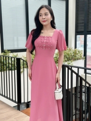 Đầm maxi form dài, cổ vuông đính ngọc, tay lồng đèn - GR0318