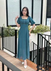 Đầm maxi form dài, cổ vuông đính ngọc, tay lồng đèn - GR0318