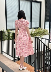 Đầm hoa nhí cổ tròn, đính nút, tay phồng, có túi - GR0319