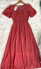 Đầm maxi form dài, cổ vuông đính ngọc, tay lồng đèn - GR0318