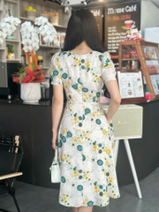 Đầm xòe họa tiết cách điệu cổ đính nút, tay phồng, có túi - GR0322