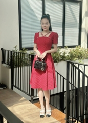 Đầm xòe tapta cổ vuông phối dây đính ngọc, tay phồng - GR0321