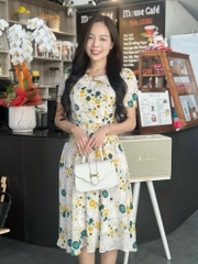 Đầm xòe họa tiết cách điệu cổ đính nút, tay phồng, có túi - GR0322