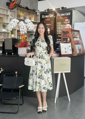 Đầm xòe họa tiết cách điệu cổ đính nút, tay phồng, có túi - GR0322