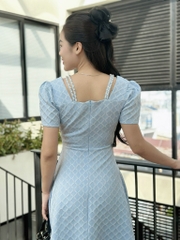 Đầm xòe tapta cổ vuông phối dây đính ngọc, tay phồng - GR0321