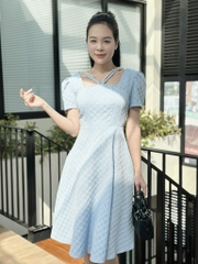 Đầm xòe tapta cổ vuông phối dây đính ngọc, tay phồng - GR0321