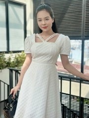Đầm xòe tapta cổ vuông phối dây đính ngọc, tay phồng - GR0321