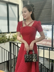 Đầm xòe tapta cổ vuông phối dây đính ngọc, tay phồng - GR0321