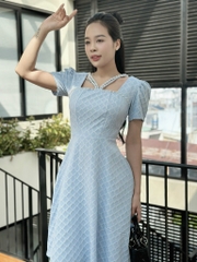 Đầm xòe tapta cổ vuông phối dây đính ngọc, tay phồng - GR0321