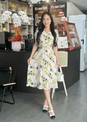 Đầm xòe họa tiết cách điệu cổ đính nút, tay phồng, có túi - GR0322