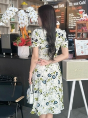 Đầm xòe họa tiết cách điệu cổ đính nút, tay phồng, có túi - GR0322