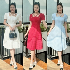 Đầm xòe tapta cổ vuông phối dây đính ngọc, tay phồng - GR0321