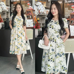 Đầm xòe họa tiết cách điệu cổ đính nút, tay phồng, có túi - GR0322