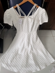 Đầm xòe tapta cổ vuông phối dây đính ngọc, tay phồng - GR0321
