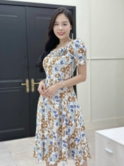 Đầm xòe hoa cổ vuông xếp ngực đính hoa, tay phồng, có túi - GR0325