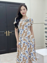 Đầm xòe hoa cổ vuông xếp ngực đính hoa, tay phồng, có túi - GR0325