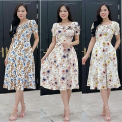 Đầm xòe hoa cổ vuông xếp ngực đính hoa, tay phồng, có túi - GR0325