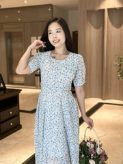 Đầm xòe họa tiết hoa voan hàn, tay phồng, có túi - GR0328