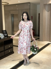 Đầm xòe họa tiết hoa cổ tròn, tay phồng, có túi - GR0326