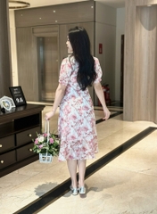 Đầm xòe họa tiết hoa cổ tròn, tay phồng, có túi - GR0326