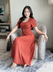 Đầm maxi form dài cổ vuông, đính khoen eo, tay phồng - GR0327