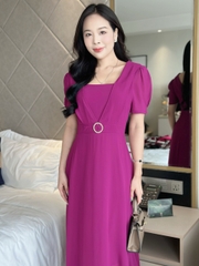 Đầm maxi form dài cổ vuông, đính khoen eo, tay phồng - GR0327