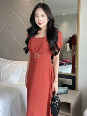 Đầm maxi form dài cổ vuông, đính khoen eo, tay phồng - GR0327