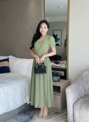 Đầm maxi form dài cổ vuông, đính khoen eo, tay phồng - GR0327