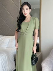 Đầm maxi form dài cổ vuông, đính khoen eo, tay phồng - GR0327